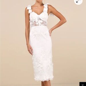 Lulu's White Lace Midi Dress with Bow Straps Bridal